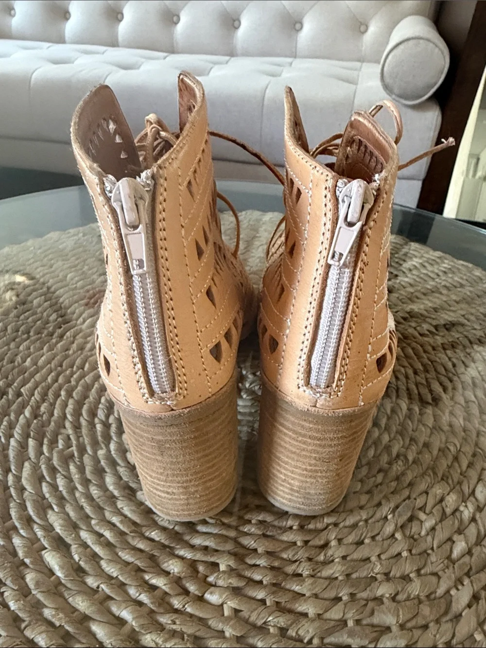 Jeffrey Campbell Women’s Tan leather Cutout Lace-Up Block Heel Ankle Boot